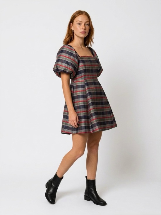 crown & ivy Dresses & Skirts - crown & ivy Red and Navy Blue Plaid Puff-Sleeve Square Neck Mini Dress